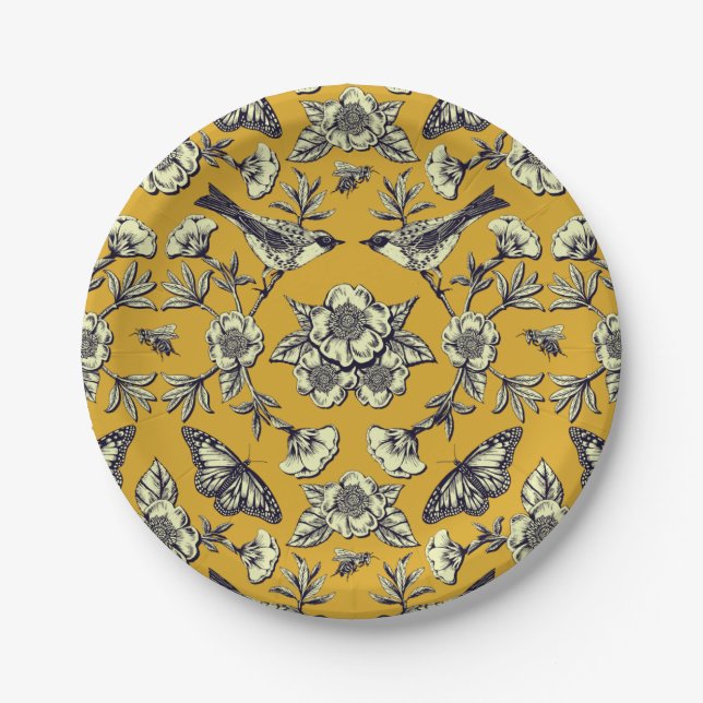 Plato De Papel Aves, mariposas y flores de mostaza amarillas y de (Anverso)