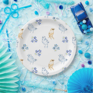 Plato De Papel Aves pastel adorables y patrón floral continuo  