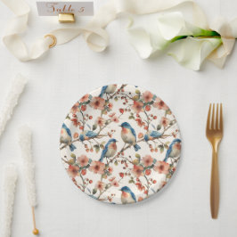 Plato De Papel Aves y flores color de agua vintage