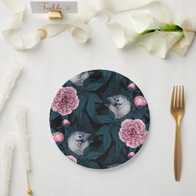 Plato De Papel Aves y flores de peón rosadas con hojas (Boda)