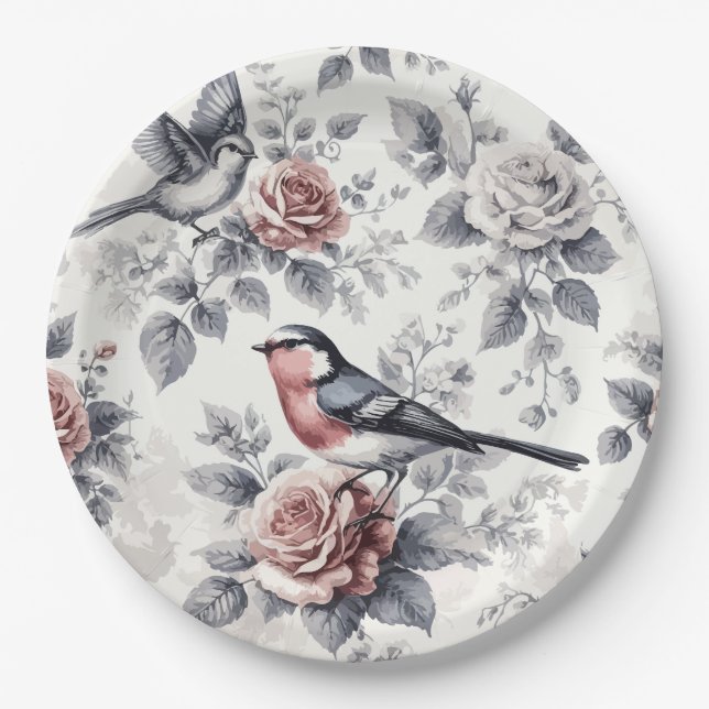 Plato De Papel Aves y Rosas (Anverso)