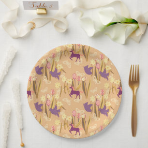 Plato De Papel Aves y Unicornios en la pradera de primavera
