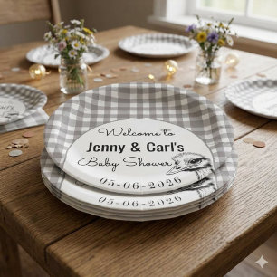 Plato De Papel Avestruz de cuadros grises Baby shower linda