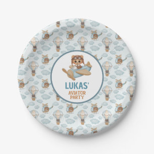 Plato De Papel Aviador Fiesta Baby Bear Pastel Blue Birday