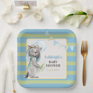 Plato De Papel Aviador Wolf, Baby Shower a rayas