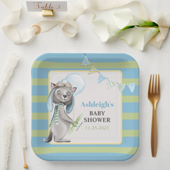 Plato De Papel Aviador Wolf, Baby Shower a rayas (Boda)