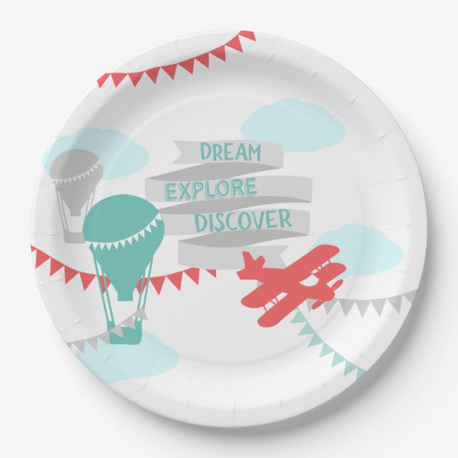 Plato De Papel Avión Baby Shower de aventura y globo (Anverso)