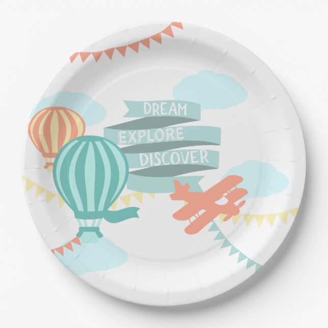 Plato De Papel Avión Baby Shower de aventura y globo (Anverso)