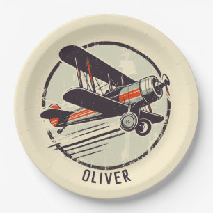 Plato De Papel Avión Biplano Rojo y Verde Retro Vintage