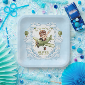 Plato De Papel Avión Biplano Vintage Niño Cumpleaños 1 Año Vuela