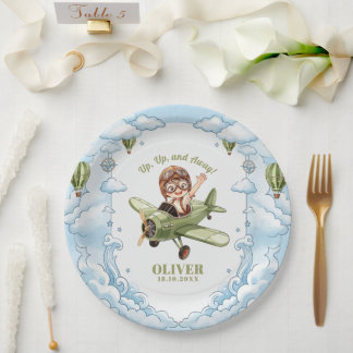 Plato De Papel Avión Biplano Vintage Niño Cumpleaños 1 Año Vuela