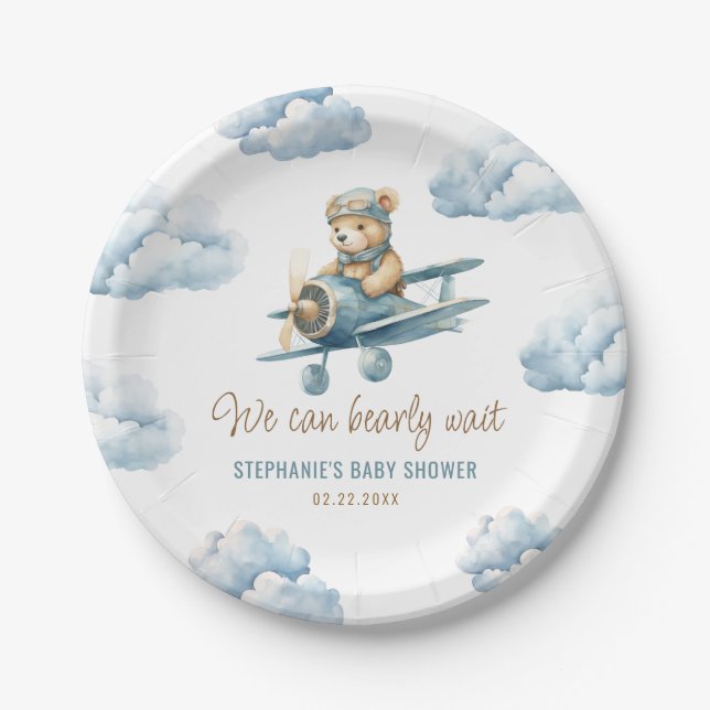 Plato De Papel Avión Cute Bear Blue Boy Baby Shower (Anverso)