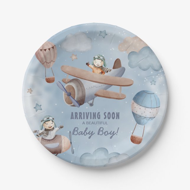 Plato De Papel Avión de agua Aviación Boy Baby Shower (Anverso)