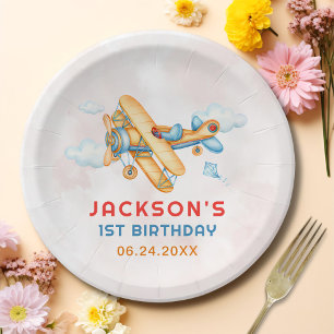 Plato De Papel Avión de amarillo retro de la cosecha 1 cumpleaños