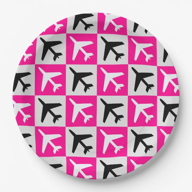 Plato De Papel Avión de aviones de aviación rosados geométricos (Anverso)