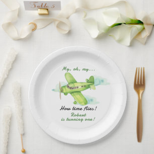 Plato De Papel Avión Oh Mi Vuelo Tiempo Viaja Primer Cumpleaños