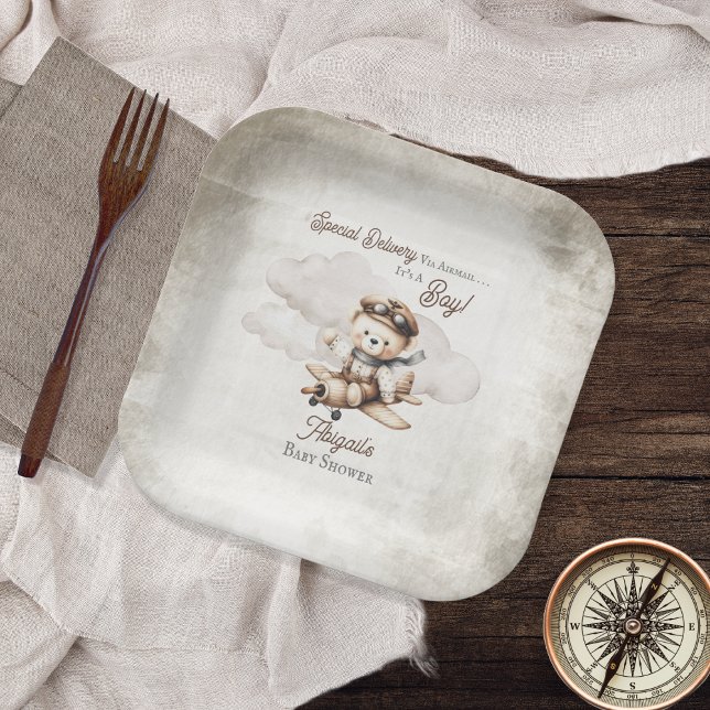 Plato De Papel Avión Teddy Bear entrega especial Baby Shower (Cute "Special Delivery Via Airmail . . . It's A Boy!" Teddy Bear | Airplane Baby Shower Paper Plates)