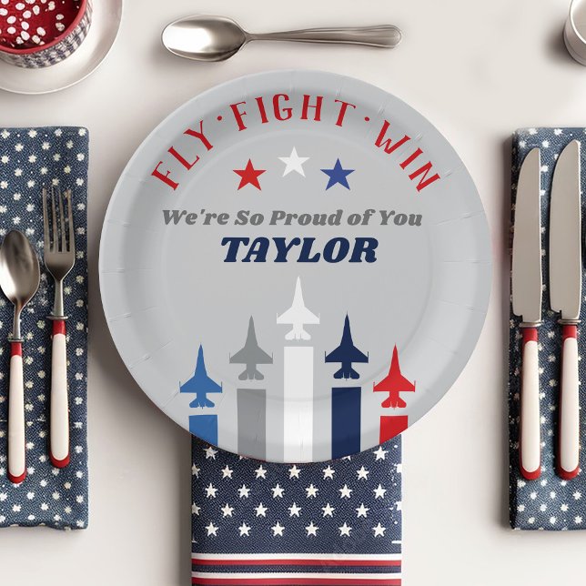 Plato De Papel Aviones de aviación militar abandonan el Fiesta (Air Force Airman Name fighter jet paper plates patriotic military going away party table decorations)