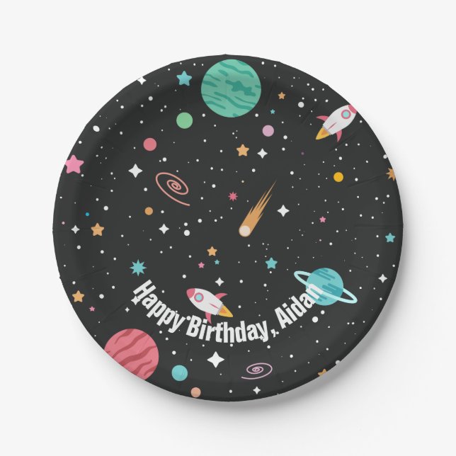 Plato De Papel Aviones y barcos de cohetes de cumpleaños (Anverso)