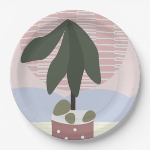 Plato De Papel Avocado Tree Blush Geométrico Rosa Verde Atenuado