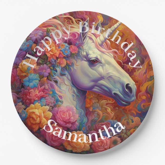 Plato De Papel Awesome Unicorn Feliz cumpleaños (Anverso)