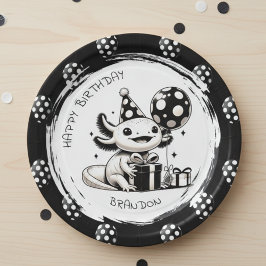Plato De Papel Axolotl blanco y negro y globos Cumpleaños
