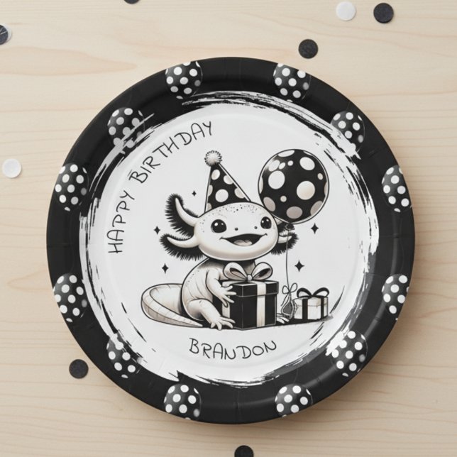 Plato De Papel Axolotl blanco y negro y globos Cumpleaños (Subido por el creador)