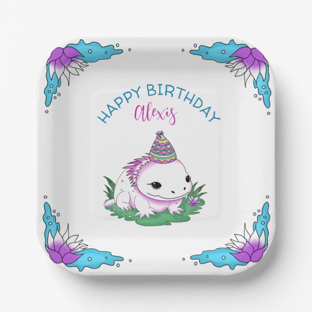 Plato De Papel Axolotl Chica de Cumpleaños Personalizado Tema (Anverso)