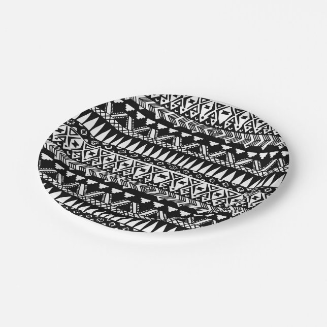 Plato De Papel Azteca tribal moderno dibujado mano blanco y negro (Angular)