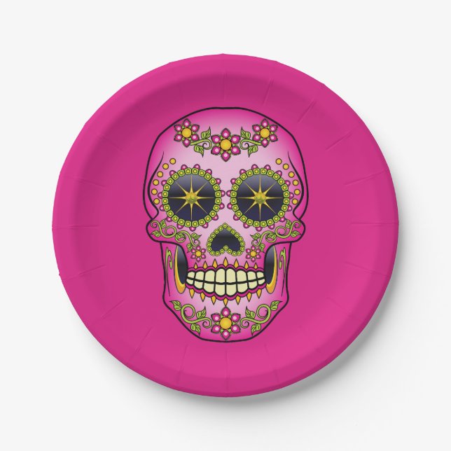 Plato De Papel Azúcar Skull Magenta Floral (Anverso)