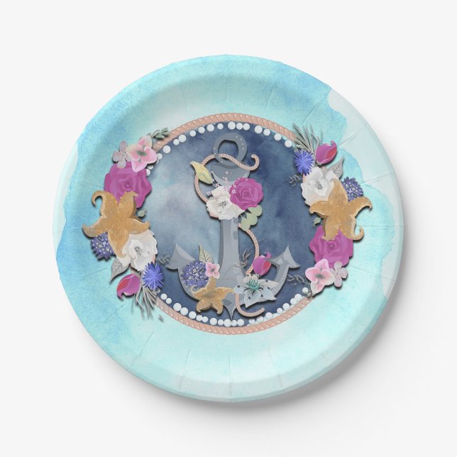 Plato De Papel Azul acuarela Anclaje floral nauético moderno (Anverso)