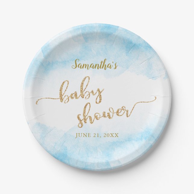 Plato De Papel Azul acuarela Baby Shower Boy Gold Purpurina (Anverso)