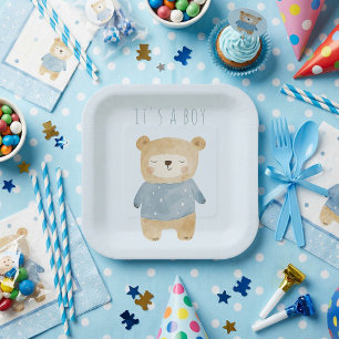 Plato De Papel Azul acuarela lindo oso es un niño