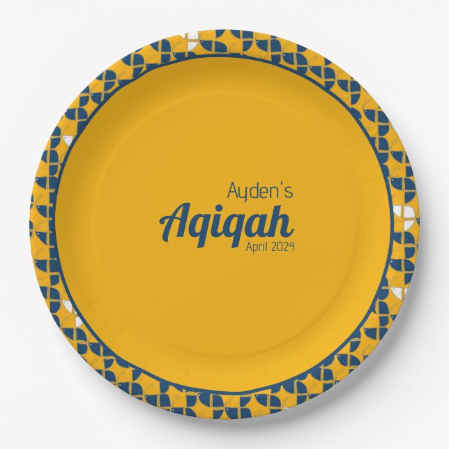 Plato De Papel Azul amarillo, Aqiqah Baby Shower (Anverso)