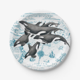 Plato De Papel Azul antiguo de las ballenas de la orca