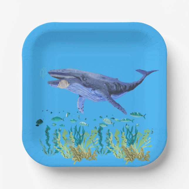 Plato De Papel Azul, Ballena, Océano, Pez (Anverso)