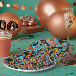 Plato De Papel Azul Celeste y Naranja Otoñal Vintage Paisley