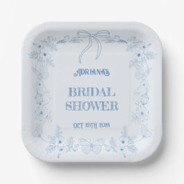 Plato De Papel Azul Chinoiserie Floral Bow Bridal Shower