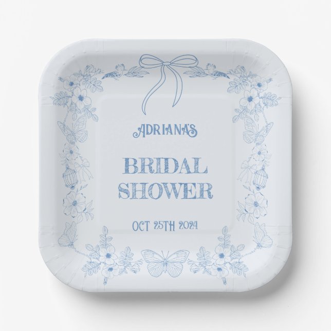 Plato De Papel Azul Chinoiserie Floral Bow Bridal Shower (Anverso)