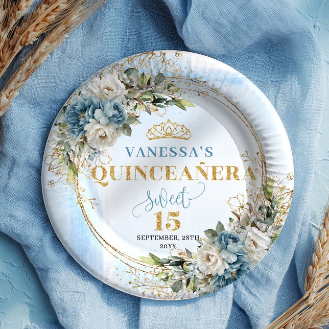 Plato De Papel Azul Claro Boho Floral Eucalipto Brillante Dorado  (Light Blue Boho Floral Eucalyptus Gold Glitter Plates)