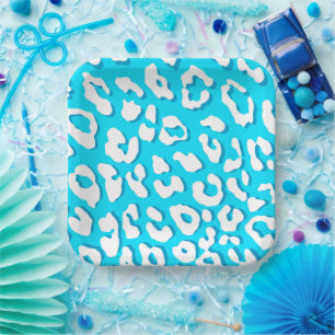 Plato De Papel Azul claro de impresión Leopardo blanco