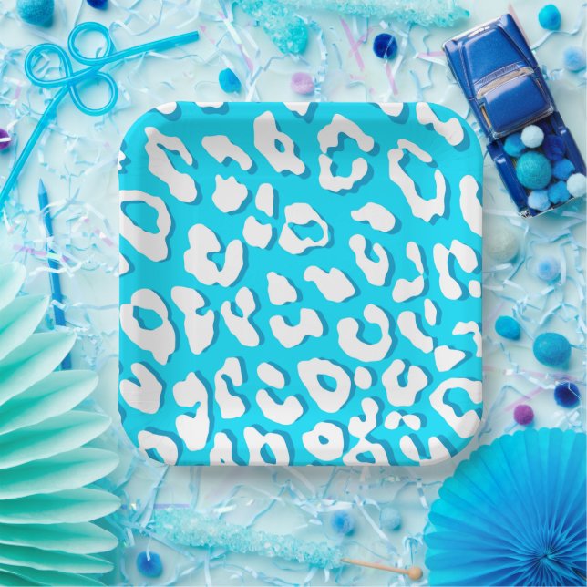 Plato De Papel Azul claro de impresión Leopardo blanco (Fiesta)