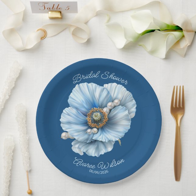 Plato De Papel Azul clásico con ducha gigante azul de adormidera (Boda)