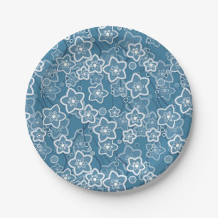 Plato De Papel azul con blanco, azul, flores, floral, rústico, fa