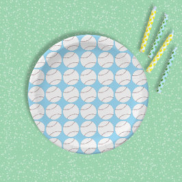 Plato de papel azul con patrón de béisbol
