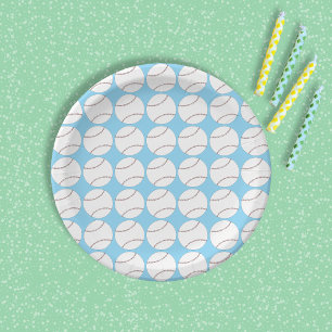 Plato de papel azul con patrón de béisbol