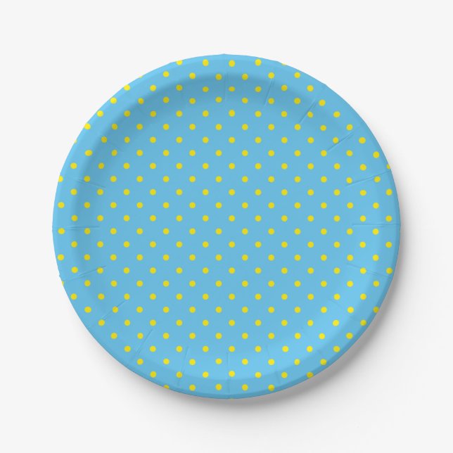 Plato De Papel Azul con puntos de polka amarillos (Anverso)