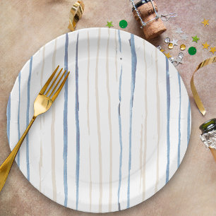 Plato De Papel Azul costero y pinceladas rayadas de arena