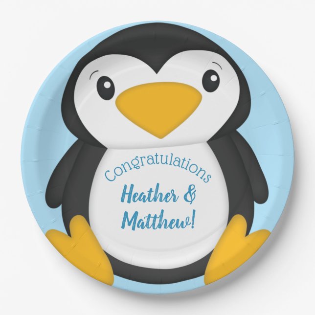 Plato De Papel Azul de Baby Shower pingüino (Anverso)