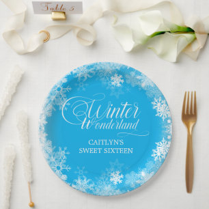Plato De Papel Azul de copo de nieve dulce 16 Winter Wonderland